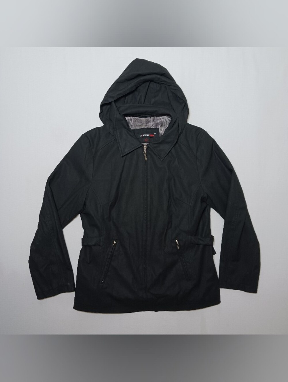 Weather Tamer Womens Black Hooded Rain Jacket Large Full Zip Gingham Lined